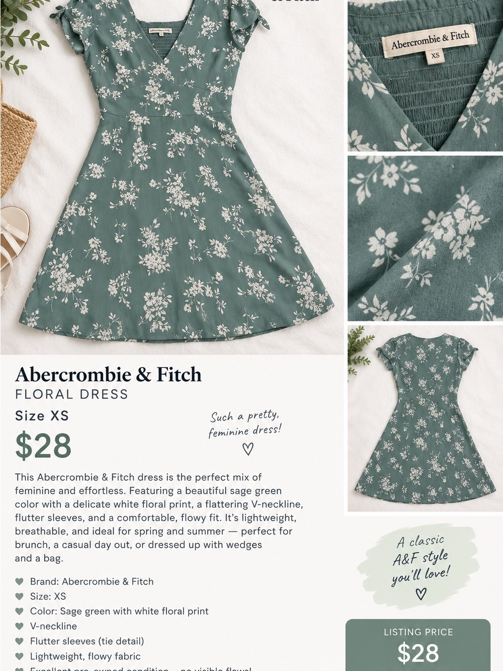 Abercrombie & Fitch Sage Green Floral V-Neck Dress